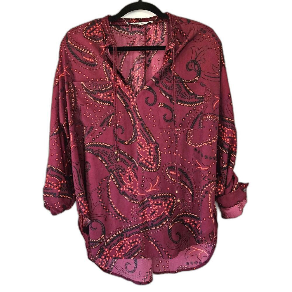 ABERCROMBIE Relaxed Western Cowgirl Paisley V Neck and Tassel Blouse Medium